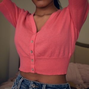 Cropped Button Up Cardigan in Hot Pink